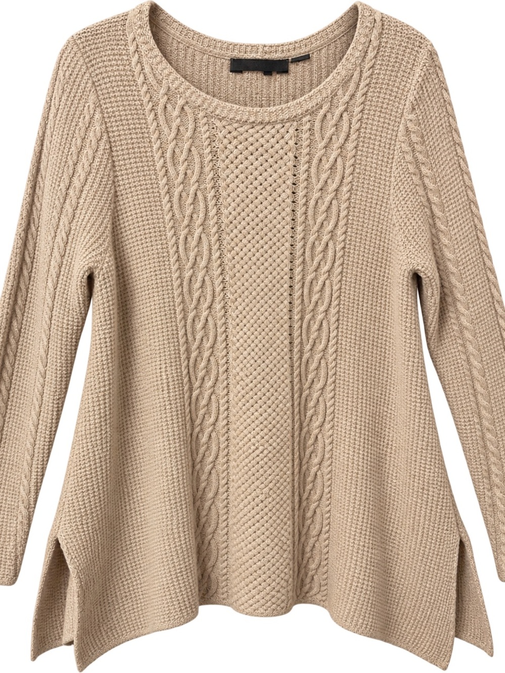 Jeanne Pierre Cable Knit Cotton Sweater M Oatmeal Coastal Grandmother